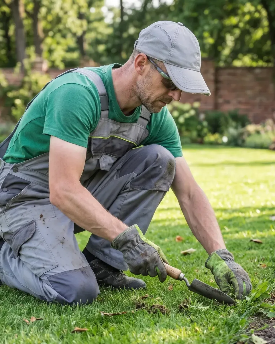 Tim Stephens kneeling on a lawn, weeding the edge of a border with a hand trowel