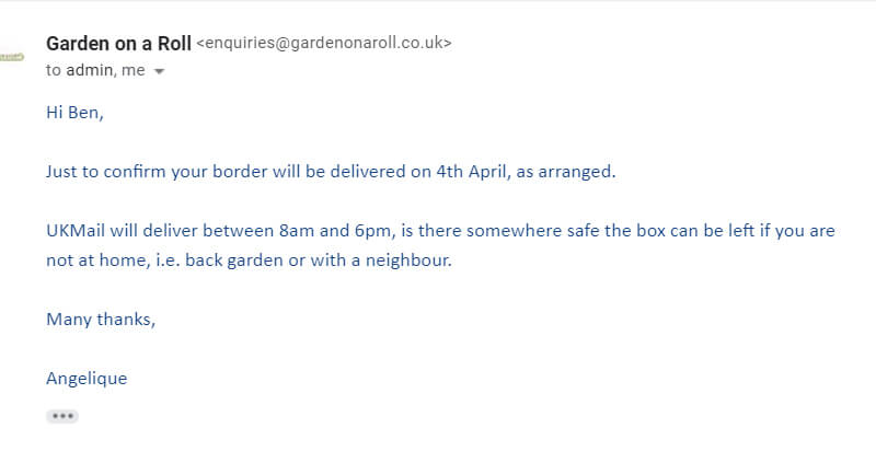 garden on a roll delivery confirmation